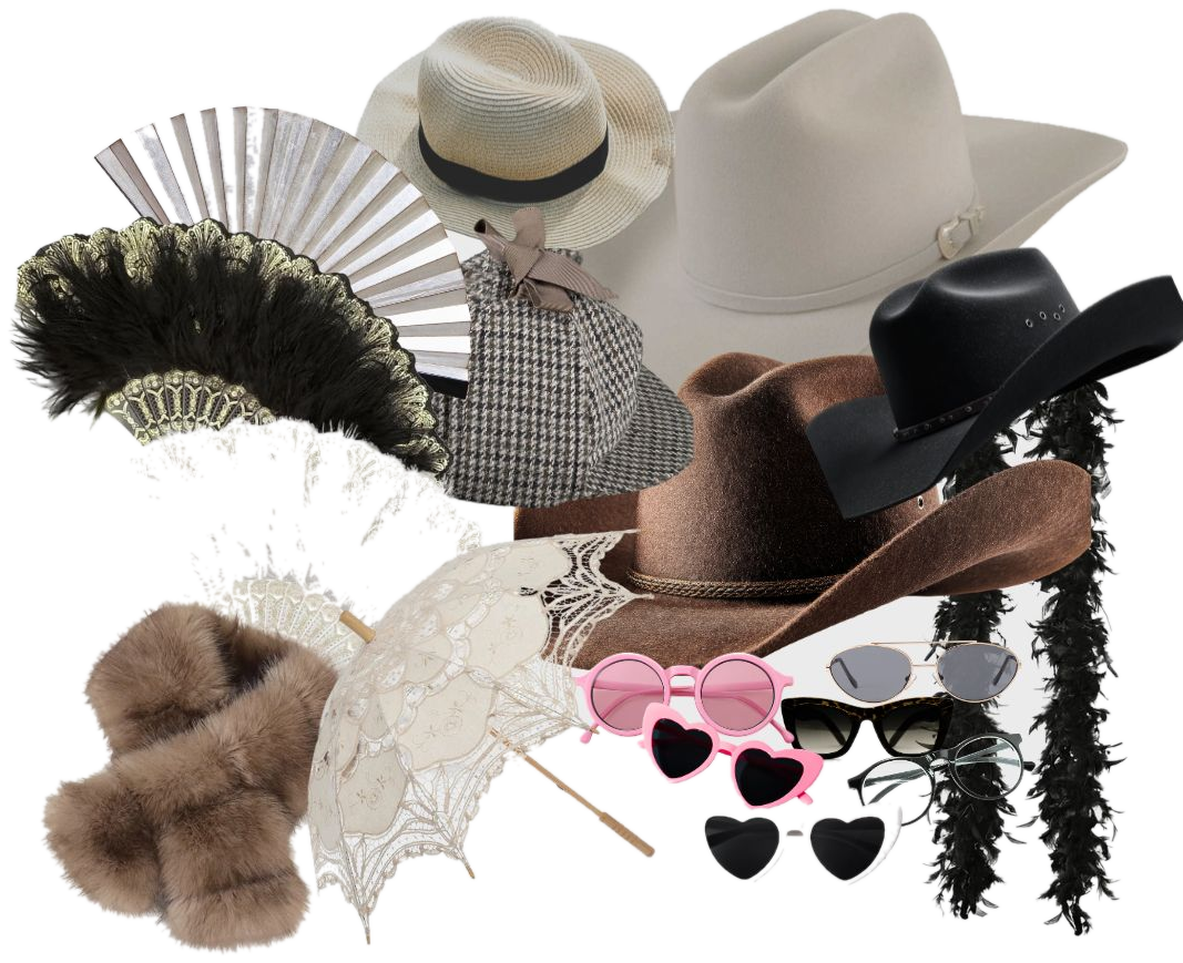 Vintage-style photo booth props including hats, fans, glasses and feather boas