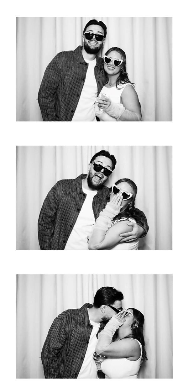 Courtney and Andrew posing together in three unchanged black-and-white photographs