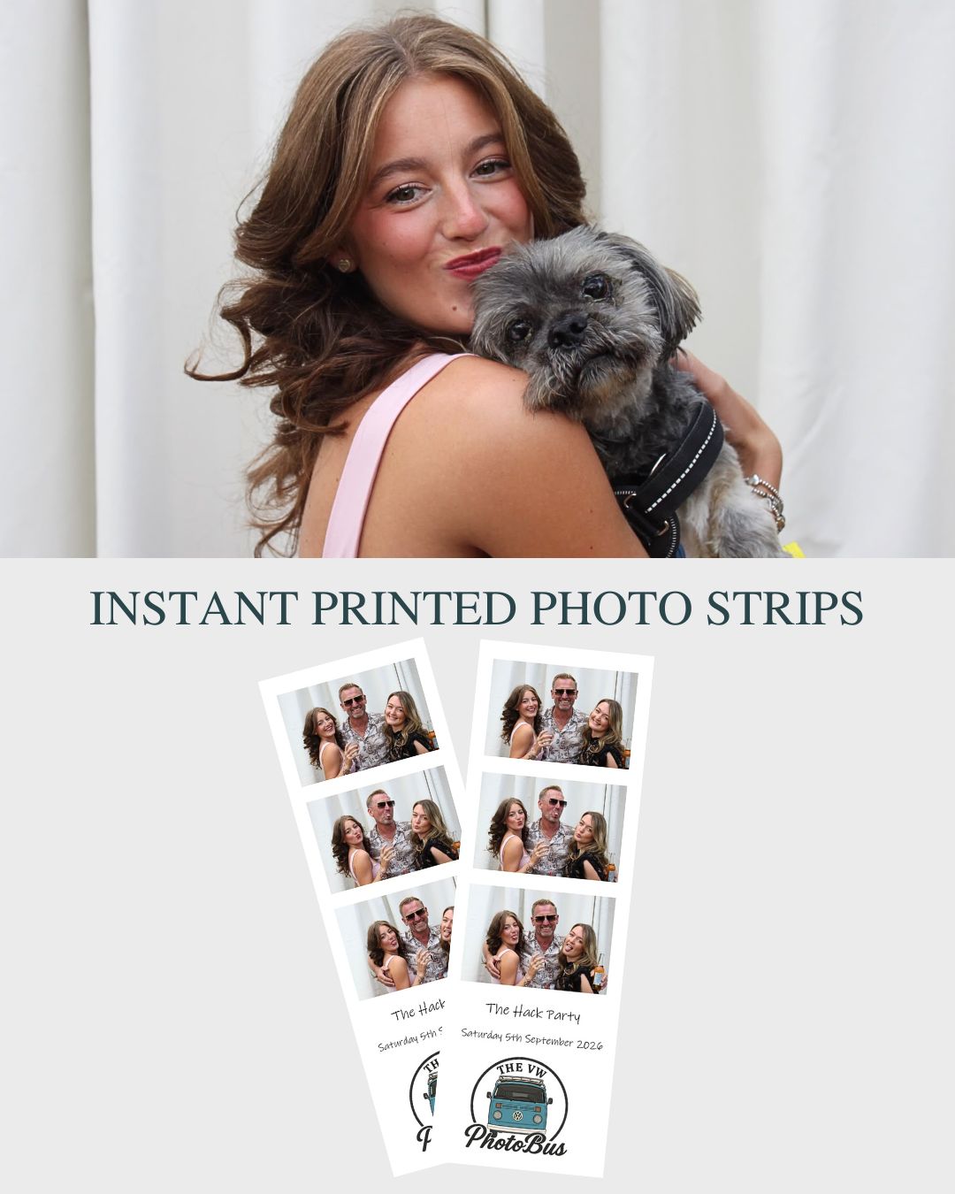 Instant printed photo strips from The Hack Party showing a guest with her dog and three friends posing together