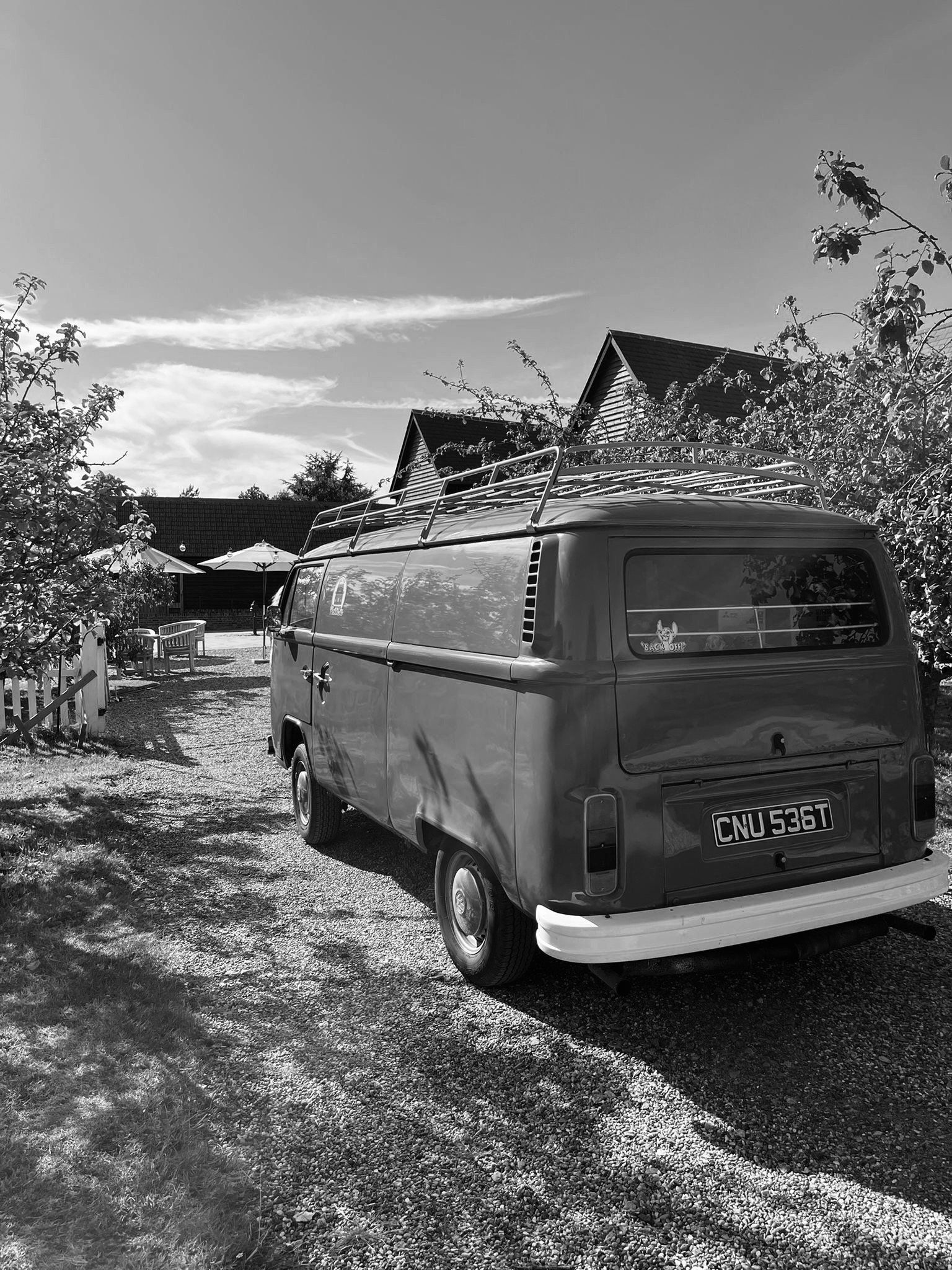 Stitch parked outside a rustic barn wedding venue in Essex