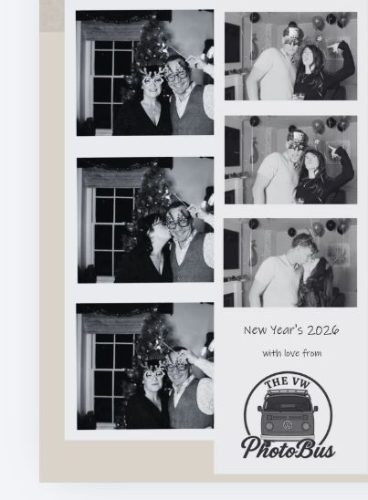 New Year's Eve 2026 photo strip with guests in party hats and props