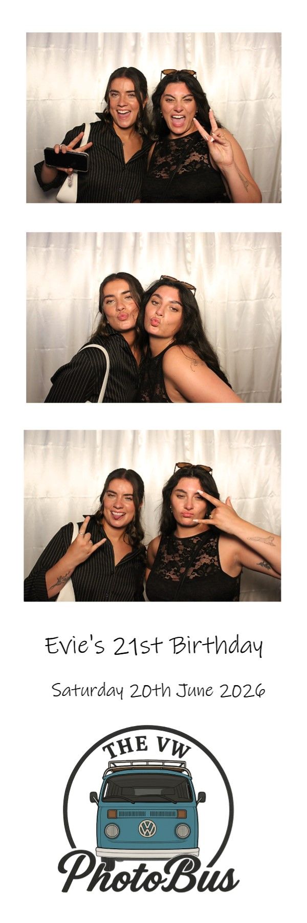 Photo strip of two guests laughing and posing at Evie's 21st Birthday