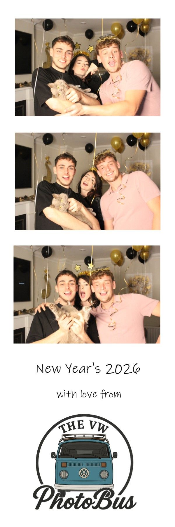 New Year's 2026 photo strip with three guests, a cat and gold balloons